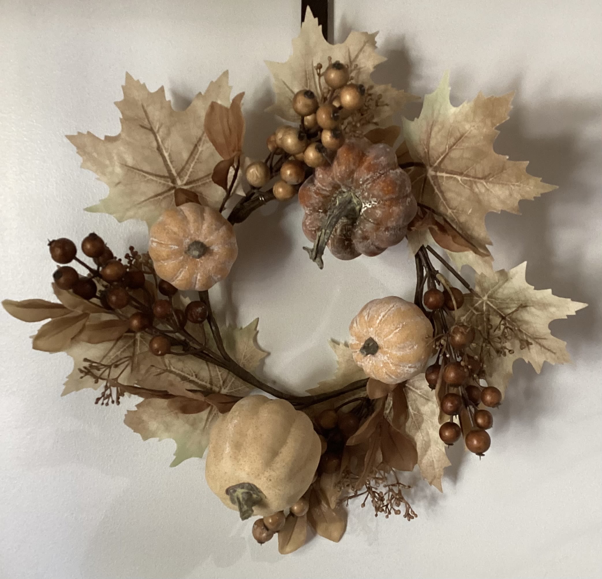 Autumn Breeze Wreath - A small neutral toned autumn wreath featuring assorted foliage, pumpkins, and branches. 