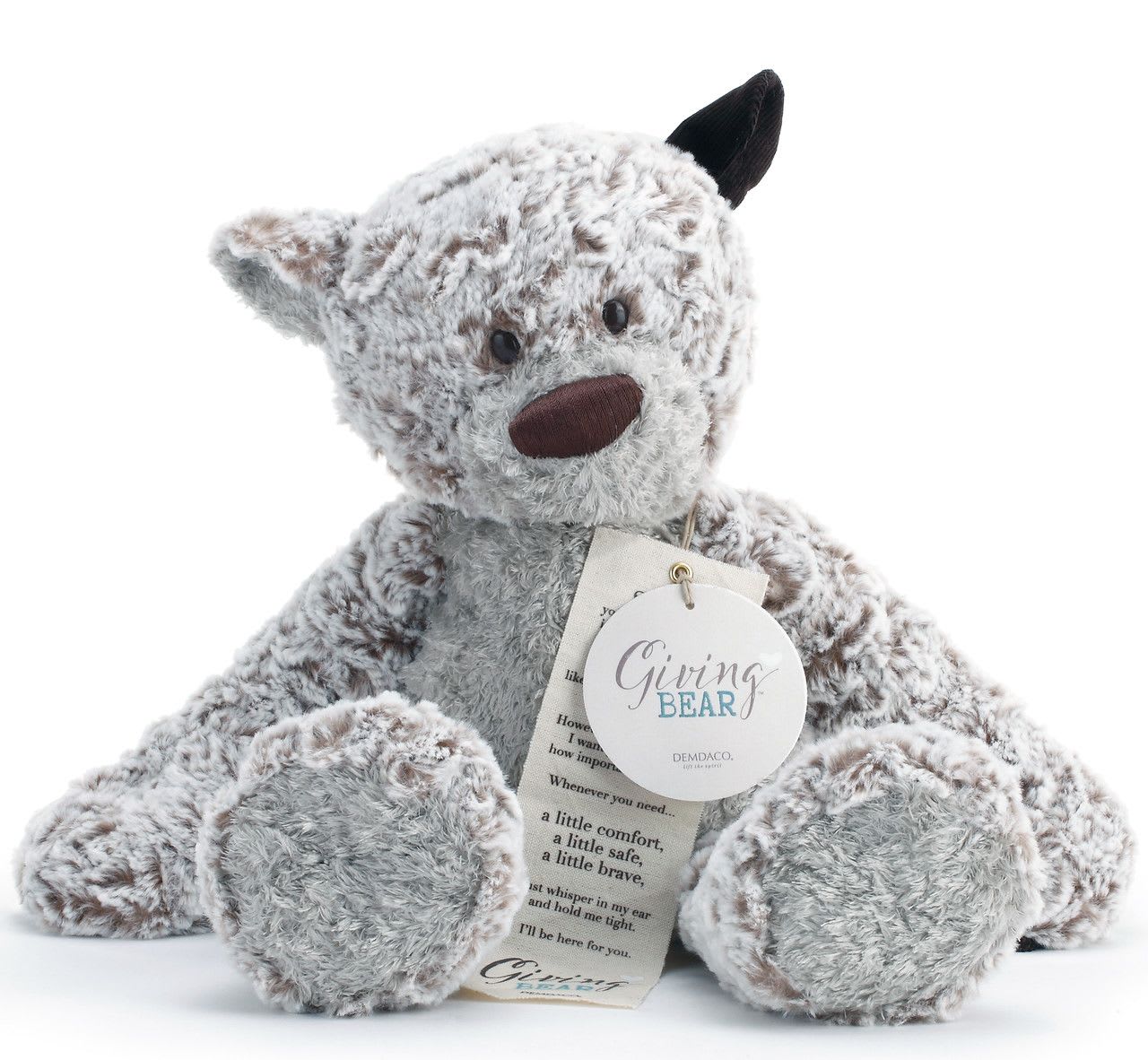 Giving Bear - A special plus friend of comfort and love. More than just any stuffed animal, our special Giving Bear is designed to be given to someone, young or young at heart, who needs comforting. This friendly companion measures 16 inches at full height and 12 inches tall while sitting. Lightly stuffed to form his floppy body. The perfect size for little hands to hold on the go, or to snuggle at bedtime. This gift can be sent to a funeral service, home or business.