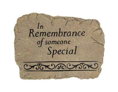 In Remembrance Garden Plaque - This 8&quot; x 10&quot; garden stone is perfect for indoor or outdoor display. The stone reads &quot;In Remembrance of someone special&quot;. Stone will be dressed with a bow and ribbon (standard). Stones can also be displayed on an 11&quot; metal easel and adorned with a small flower arrangement (deluxe) or a large flower arrangement (premium).