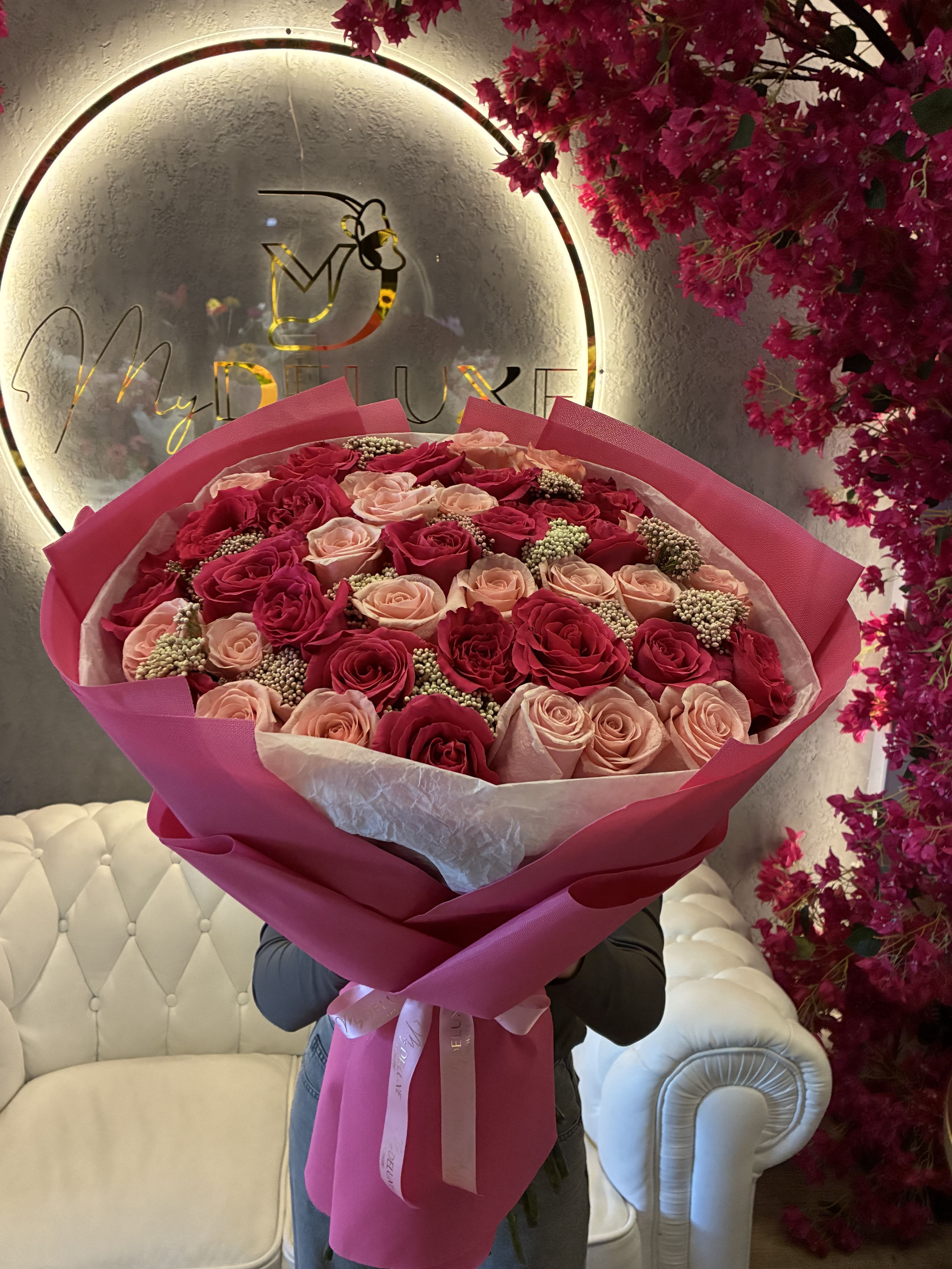 Soft Confession - Flower will be delivered as described 45 pink roses with rice flowers 