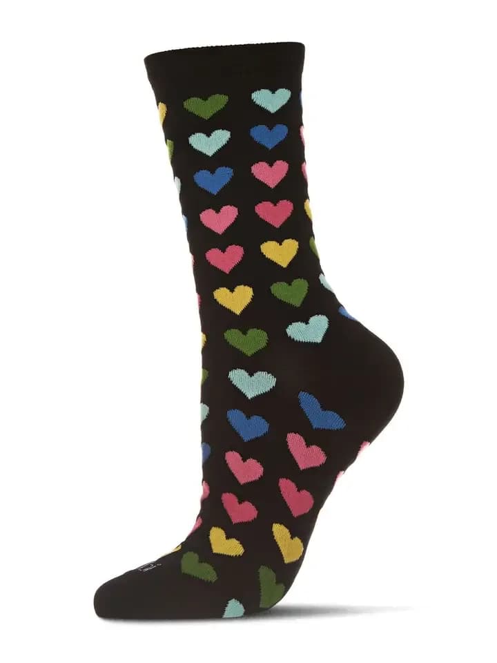 Multicolored Hearts Bamboo Crew Women's Socks Multicolored Hearts Bamboo Crew Women's Socks - We heart these Multicolored Hearts Bamboo Crew Socks, perfect for a casual look! A solid base is printed with lines of multicolored hearts in bright colors for a kaleidoscopic foot feel. Made from a bamboo blend, these eco-friendly socks get softer with every wash for a long lasting garment.