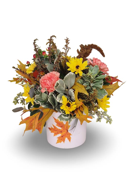 Sweater Weather - A cute, all-around colorful arrangement in a ceramic plaid container. Arranged with carnations, hypericum, pompoms, amaranthus, and solidago. Approximately 10&quot; tall by 8&quot; wide.