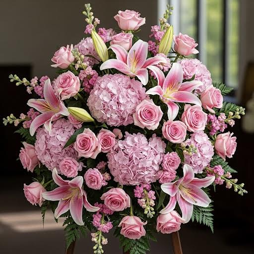 Cherished Memories By Black Cat Florist Cherished Memories By Black Cat Florist - The 'Cherished Memories' standing spray is a heartfelt and touching tribute, designed with warmth and affection. This beautiful arrangement is composed of various shades of soft pink flowers, from delicate roses to full hydrangeas and majestic lilies. The lush, abundant design creates a feeling of gentle love and compassion, offering a beautiful way to honor a cherished life. This standing spray provides a lovely and comforting presence at any service or memorial."