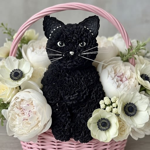 Luna by Black Cat Florist Luna by Black Cat Florist - Fall in love with our charming “Luna” - The Pink Paws creation, a delightful and whimsical floral sculpture perfect for adding a touch of feline sweetness to any space. A sleek black cat, meticulously crafted from rich black Japanese carnations, comfortably resides in a sweet pink woven basket. Nestled around the kitty are the pure white blossoms of elegant peonies and striking anemones, creating a beautiful contrast and a truly unique gift for cat enthusiasts and flower lovers alike. “Luna” is a heartwarming and artistic arrangement that brings a smile to every face. Love this design? We can create this same magical piece for you with our high-quality, handmade silk flowers. Our "real to the touch" flowers capture the beauty and artistry of fresh blooms, giving you a beautiful keepsake that never wilts. Contact us today to inquire about your forever flowers!