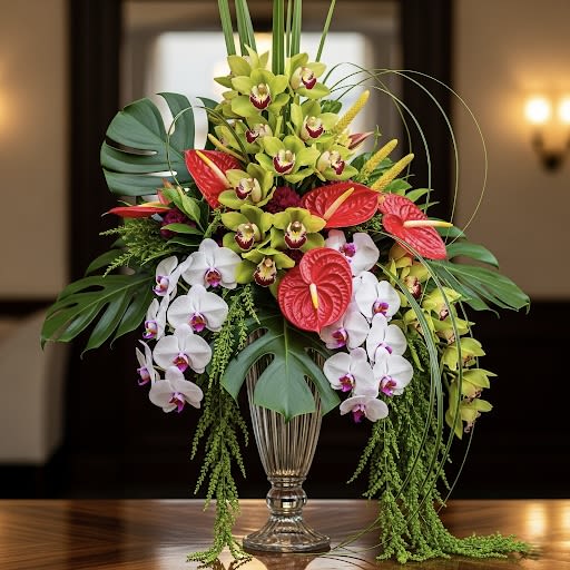 Royal Cascade By Black Cat Florist  - The 'Royal Cascade' arrangement is a tall, unique, and truly luxurious statement piece, designed to command attention. This dramatic design features a breathtaking cascade of vibrant orchids, including elegant lime-green cymbidium and pristine white phalaenopsis, complemented by fiery red anthuriums. The arrangement is thoughtfully crafted in an elegant glass vase, with lush tropical foliage, including the iconic monstera, providing a powerful and artistic backdrop. This centerpiece is a perfect representation of sophistication and opulence, making it an unforgettable gift or focal point.