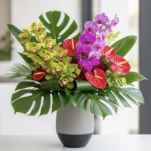 Tropical Serenity By Black Cat Florist - The 'Tropical Serenity' arrangement is a unique and luxurious statement piece that brings the lush beauty of the tropics to any home. Designed in a modern, sleek vase, this a truly unique arrangement. This luxurious arrangement is a full, artistic blend of vibrant green cymbidium orchids, bold purple and pink phalaenopsis orchids, and fiery red anthuriums, all complemented by the striking architectural shapes of monstera leaves and other tropical foliage. This dramatic and sophisticated design adds a touch of the exotic to any space.