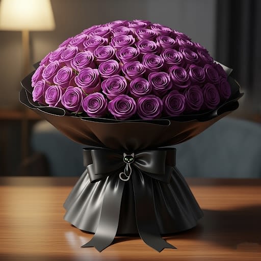 Enchanting Purple By Black Cat Florist  Enchanting Purple By Black Cat Florist  - This opulent arrangement features a breathtaking 100 premium, long-stemmed purple roses, meticulously hand-arranged into a dramatic, voluminous sphere that exudes luxury and abundance.  The bouquet is masterfully wrapped in layers of sleek, high-quality black floral paper, providing a sophisticated contrast that allows the natural beauty of the roses to truly shine. A sumptuous black satin ribbon, tied into an elegant bow, adds a final touch of grandeur.  Nestled gracefully on the bow is our signature black cat brooch, a unique and charming detail that adds a touch of mystique and personality to this already extraordinary gift.