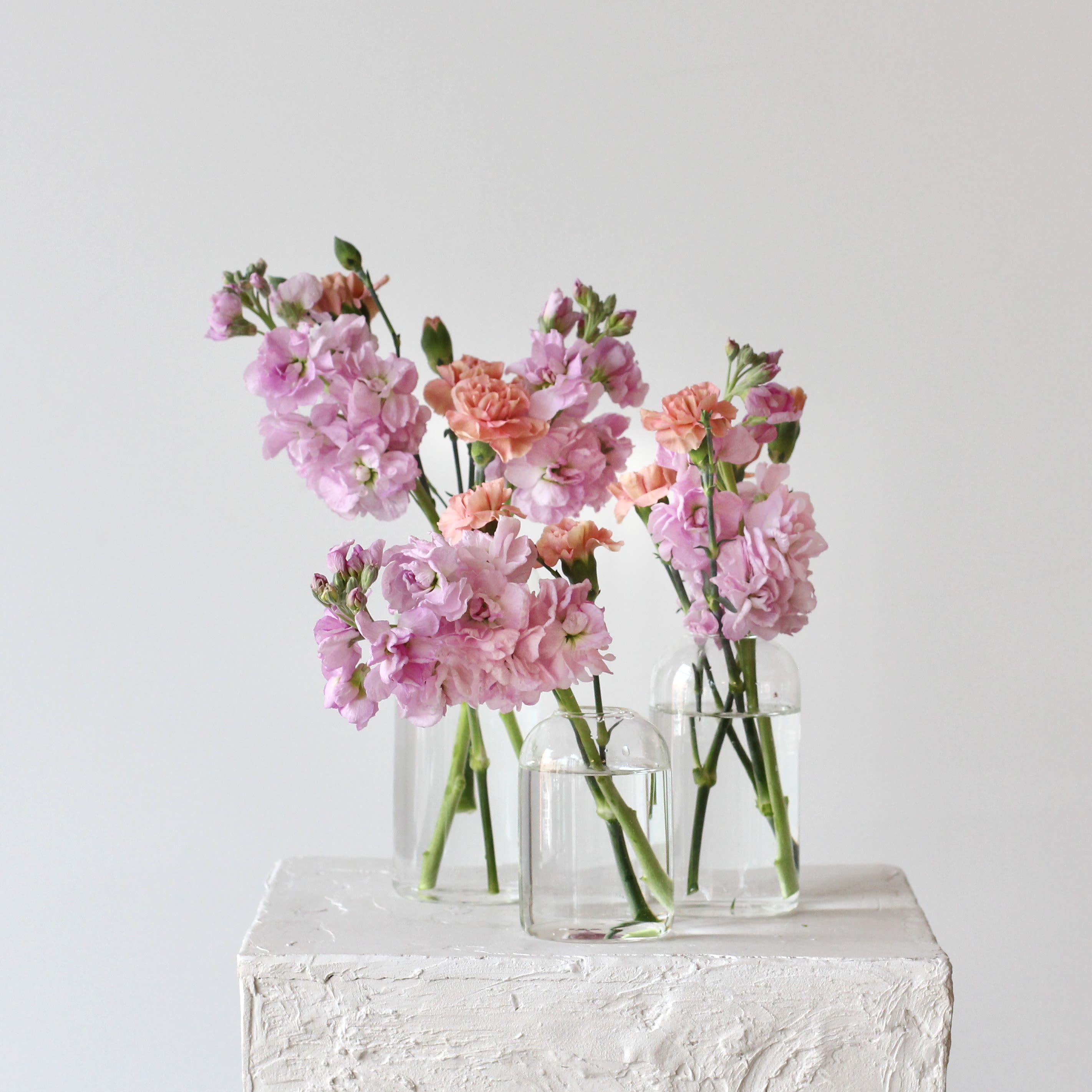 Pastel Bud Vase Trio Pastel Bud Vase Trio - Elevate your celebration with the beauty of coordinated sophistication with Middlemist's A la Carte Events! This thoughtfully curated collection features products in harmonized color palettes. Select one to bring style and cohesion to your special occasion. With a minimum purchase of $300, create a polished look, knowing every piece complements the other perfectly. Our bud vase trio is perfect as an accent for cocktail tables. They are the perfect compliment to our standard and petite arrangements. Or string several across longer tables.