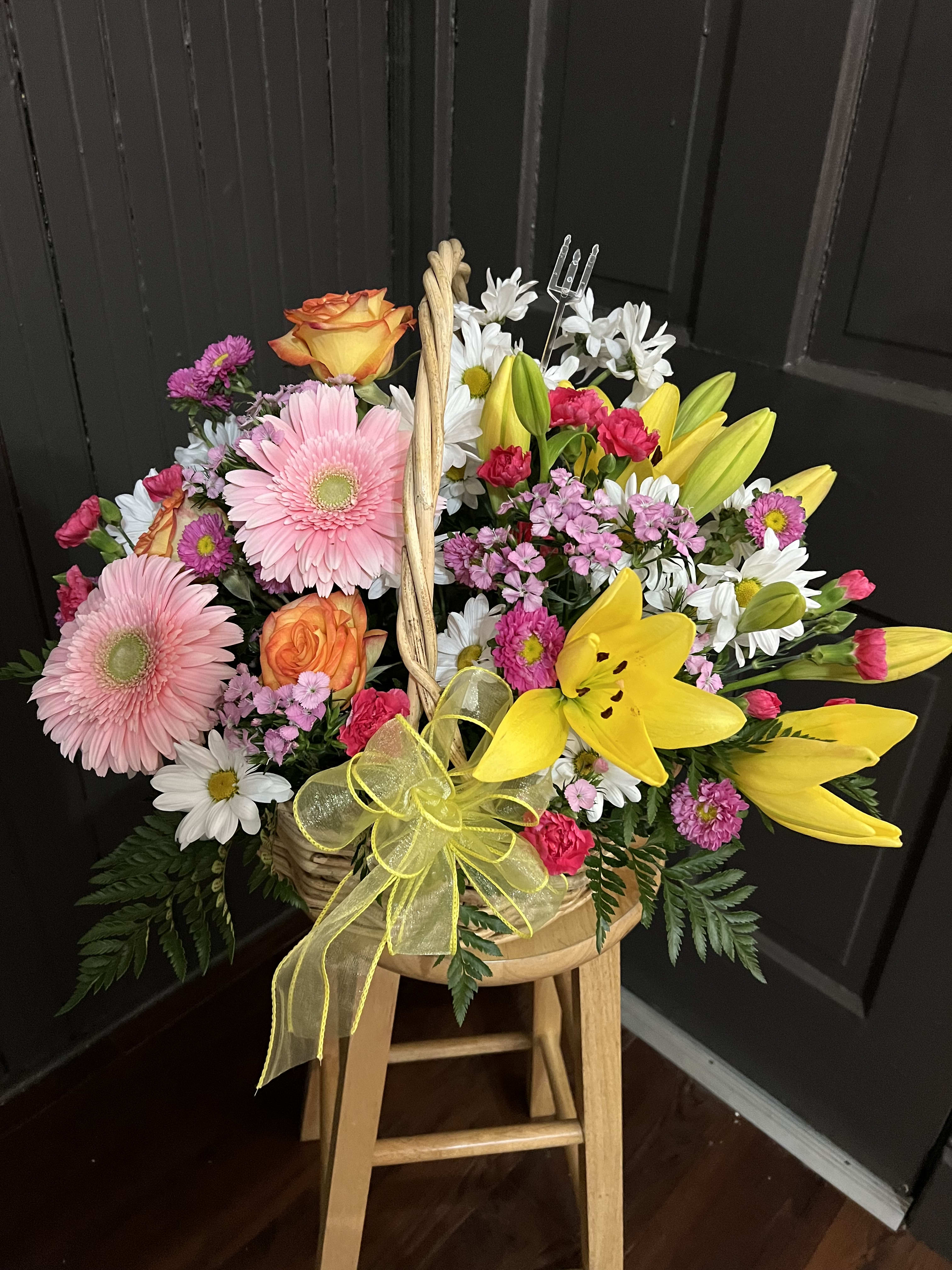 Basket Full of Sunshine  - A big beautiful array of Bright Colored, Fresh Flowers arranged in a basket 