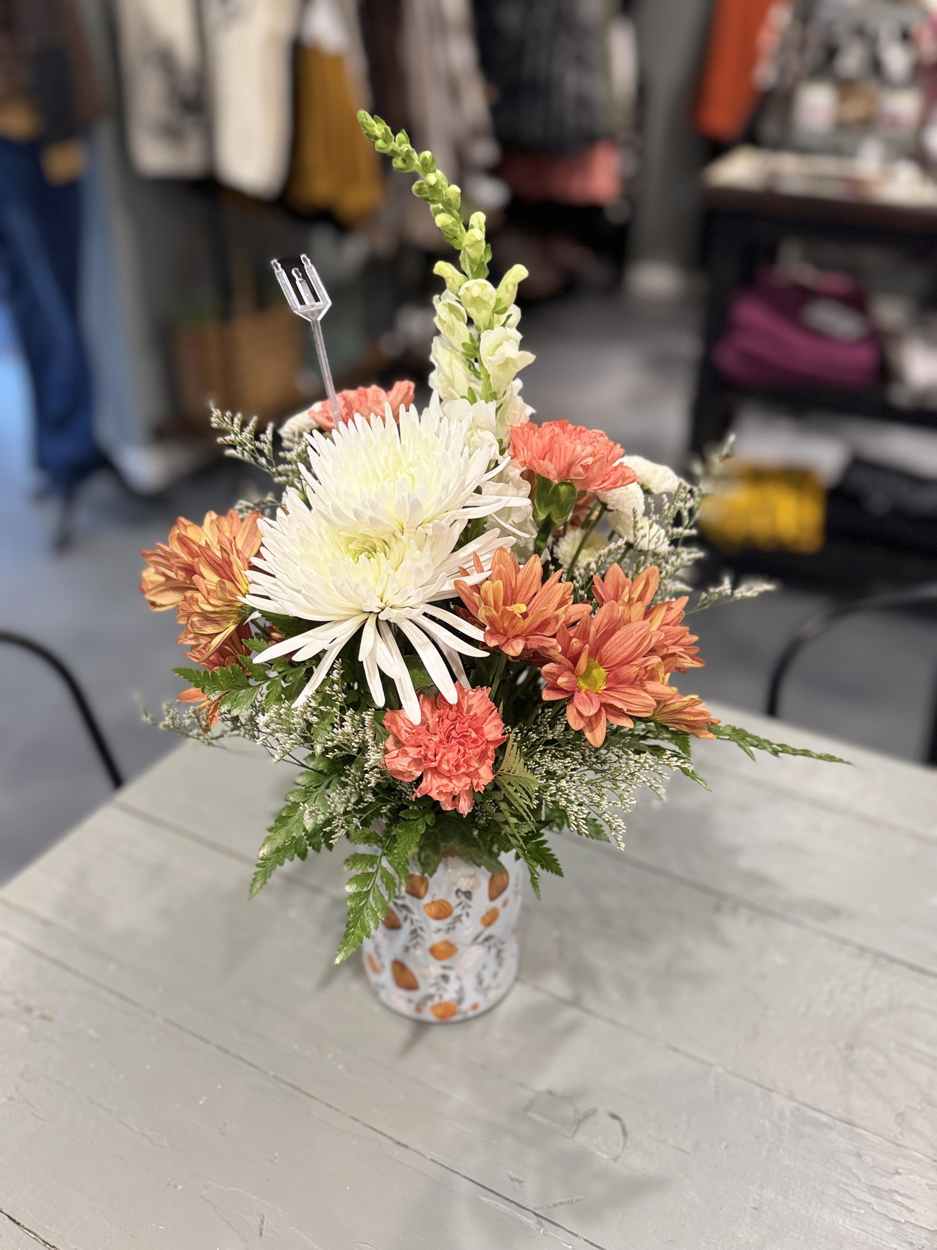Autumn Harmony Bouquet  - This arrangement captures the beautiful Orange of Fall with contrasts of White arranged in a Fall Vase 
