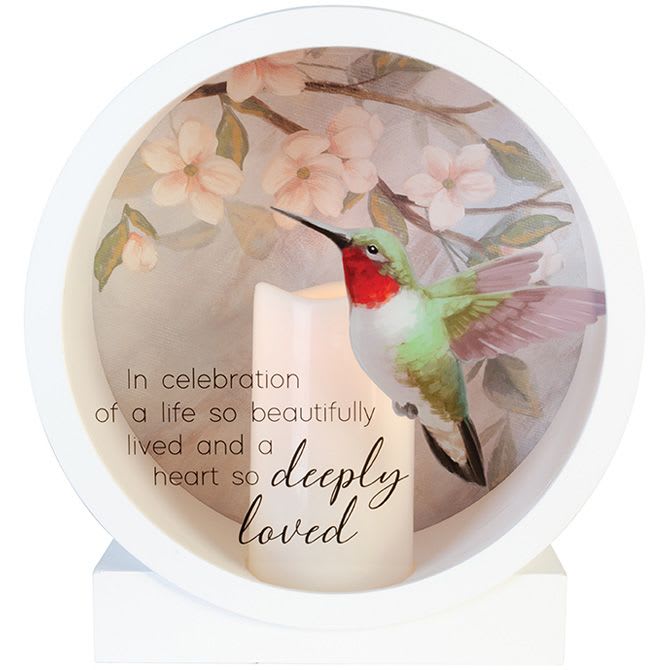 13 in Shadowbox Lantern(Deluxe Pictured) - Hummingbird with neutral silk swag (Deluxe) Standard does not include silk Batteries are included