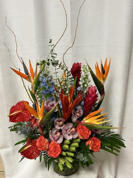 Tropical Breezes (DL) - Transport yourself to a tropical paradise with our stunning flower arrangement, featuring vibrant birds of paradise, beautiful orchids, and striking heliconia orchids. Each flower is expertly arranged in a sleek glass cylinder vase, bringing a touch of elegance to the exotic ensemble.