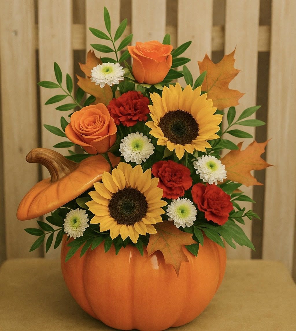 Pumpkin Spice and Everything Nice Pumpkin Spice and Everything Nice - Bring the cozy charm of fall indoors with Pumpkin Spice and Everything Nice. This delightful one-sided arrangement bursts with seasonal warmth, featuring orange roses, red carnations, white mums, and mini button blooms. Two cheerful sunflowers radiate sunshine among lush greenery and autumn leaves — all nestled in a festive ceramic pumpkin. A perfect centerpiece or gift, it captures the sweet and spicy spirit of the season in full bloom.