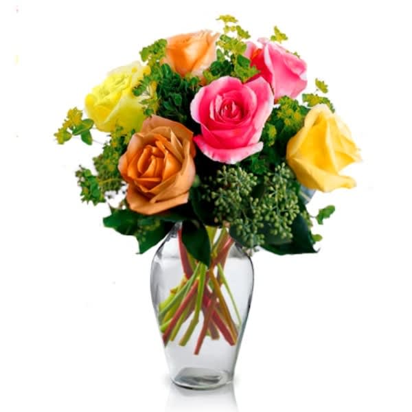 Six Assorted Roses Arranged in Vase Six Assorted Roses Arranged in Vase - Six gorgeous assorted roses arranged into a glass vase with your choice of basic greenery or fancy filler.
