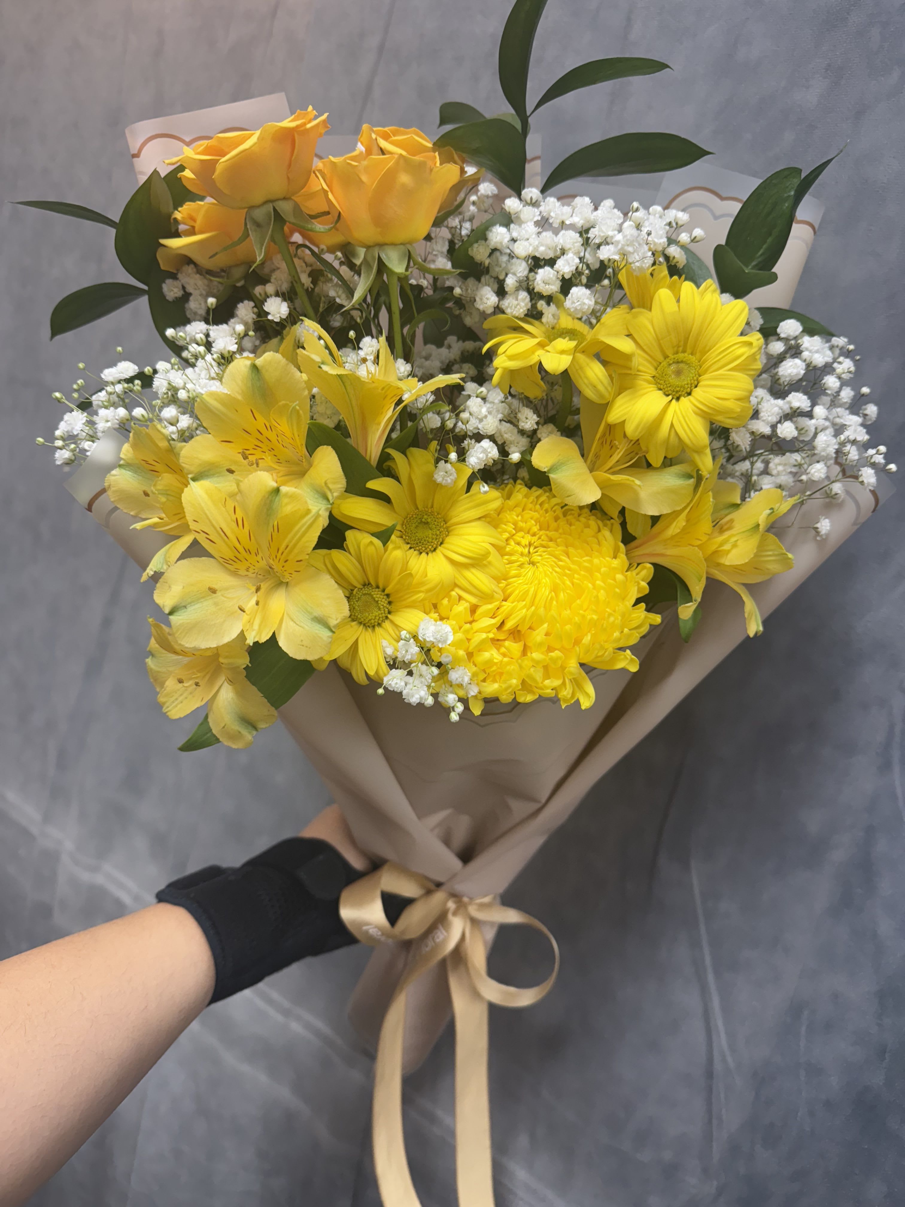 Sunlight Joy bouquet - A radiant bouquet of yellow blooms and delicate white baby breath , bringing the warmth of sunshine and the happiness of bright new day .