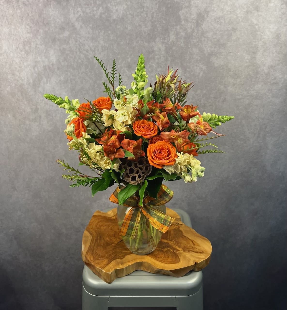 You &amp; Me ~ Fall Edition - Our popular 'You &amp; Me' bouquet, remade for Fall! A One-sided Arrangement. Includes spray roses, snapdragons, alstroemeria, and stock. ******PLEASE NOTE: The colors of the bouquet may need to be substituted depending on availability. The arrangement will still retain an autumn vibe.  Please Note: Standard Delivery for this product occurs in the afternoon, between 2:30pm and 7pm. If you need it by a certain time, there is an option to select a timed window for scheduled deliveries.