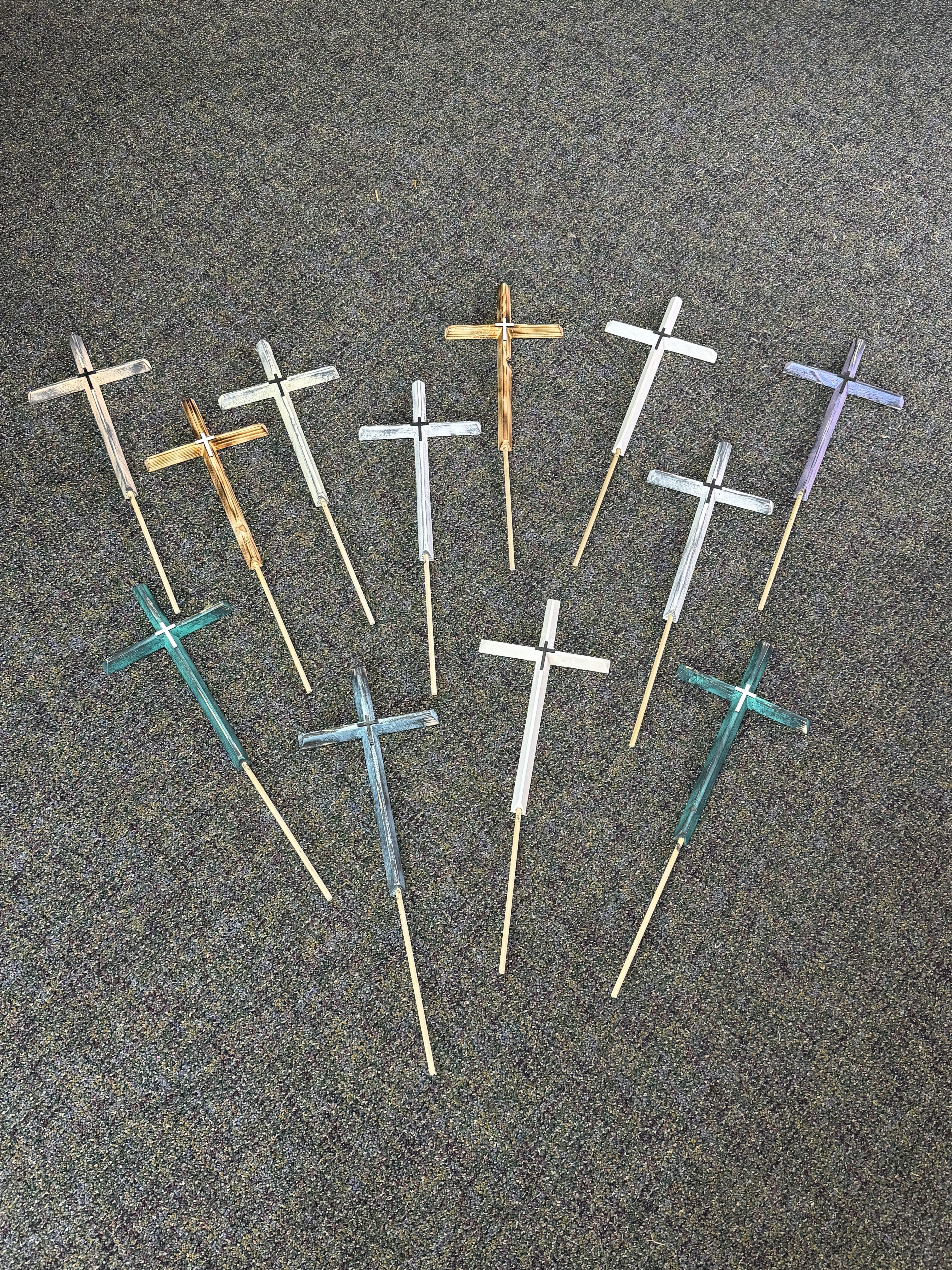 Handcrafted Wooden Cross Stick - We have a wide variety of wooden cross, that are attached to a stick!  Colors Available: -Burned Wood Distressed -Purple Distressed -Cream Distressed -Teal Distressed -White Non-Distressed -White Distressed -Blue Distressed