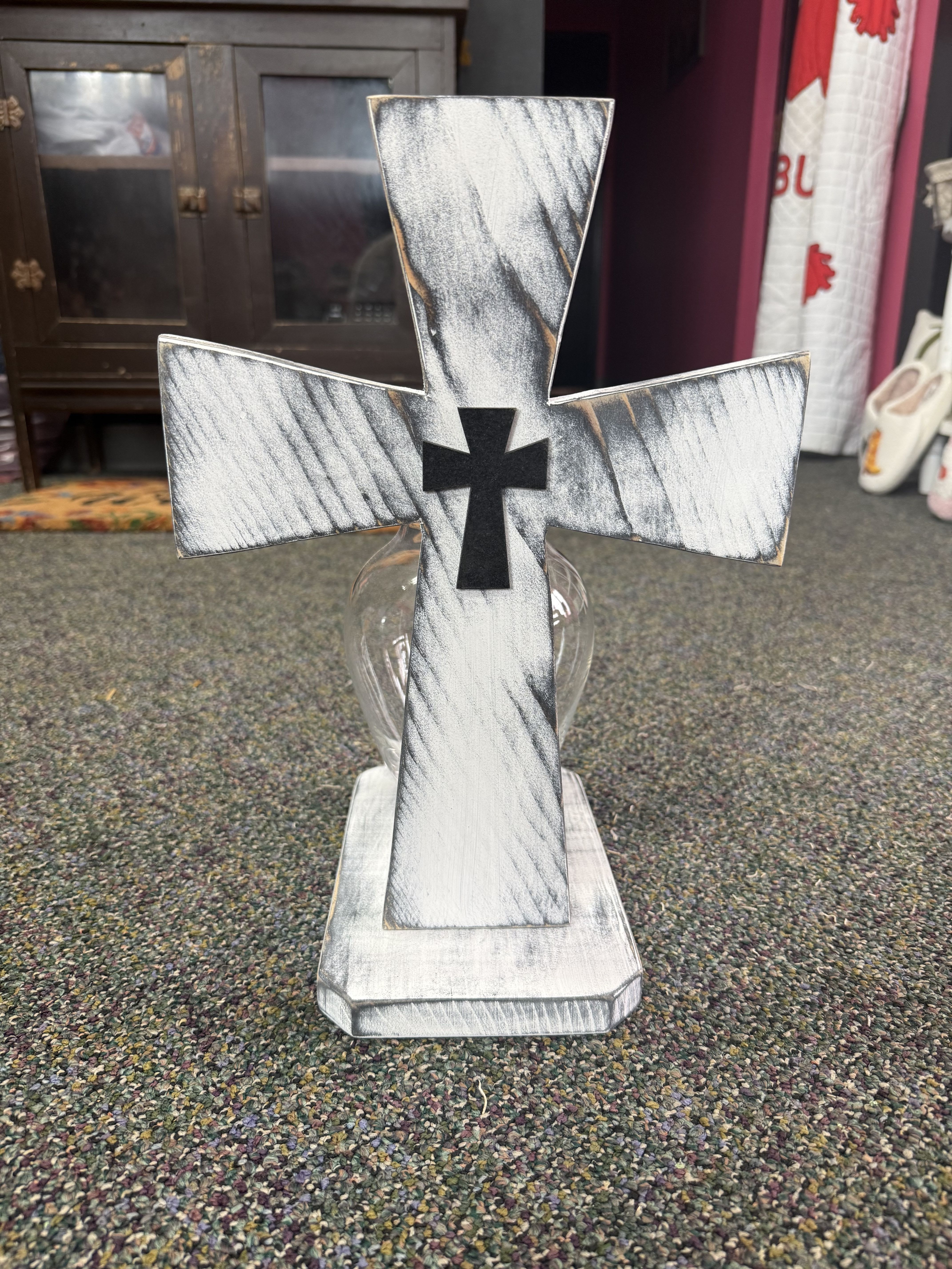 White Distressed Cross with Vase of Flowers - A vase full of fresh flowers, with a beautiful White Distressed Cross!