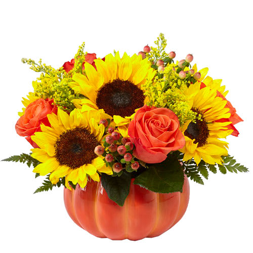 Harvest Traditions Pumpkin Harvest Traditions Pumpkin - Harvest Traditions Pumpkin With Sunflowers, Roses, Solidago, and hypericum berries