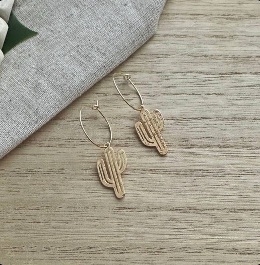 Hammered Cactus -Monstera earrings - Featuring an 18k gold filled hammered cactus on an 18k gold filled hoop -Two inches in length -On hypoallergenic hoops