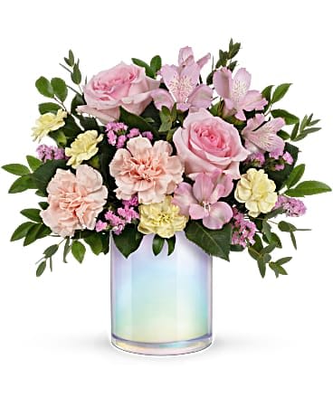 Teleflora's Wonderful Whimsy Bouquet - Capture the magic of spring with this wondrous rose bouquet, artfully arranged in a pearlescent white glass vase. Blush roses, pink alstroemeria, pink carnations, miniature light yellow carnations and pink sinuata statice are arranged with huckleberry and parvifolia eucalyptus. Delivered in a Wonderful Whimsy cylinder.