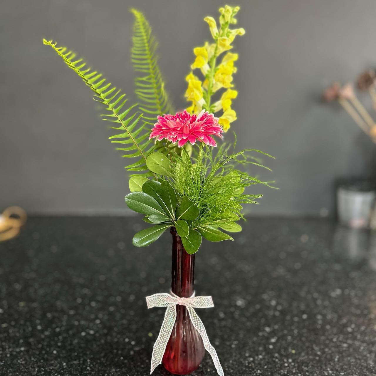 Daisy Delight Daisy Delight - A simply tasteful design featuring gerbera daisies, snapdragons, sword fern and assorted greens. The perfect way to brighten anyone's day!