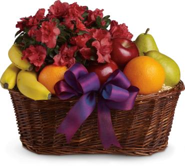 Fruits and Blooms Basket Fruits and Blooms Basket - Fruit meets flowers in this delicious arrangement! Brightened by a potted plant, this fruit gift basket is a yummy choice packed with apples, bananas, pears and oranges. Hand-delivered by a florist, it brings health and good cheer to a hospital room, nursing home or new baby's nursery. One potted plant decorates a gift basket containing two apples, two pears, two oranges and three bananas.