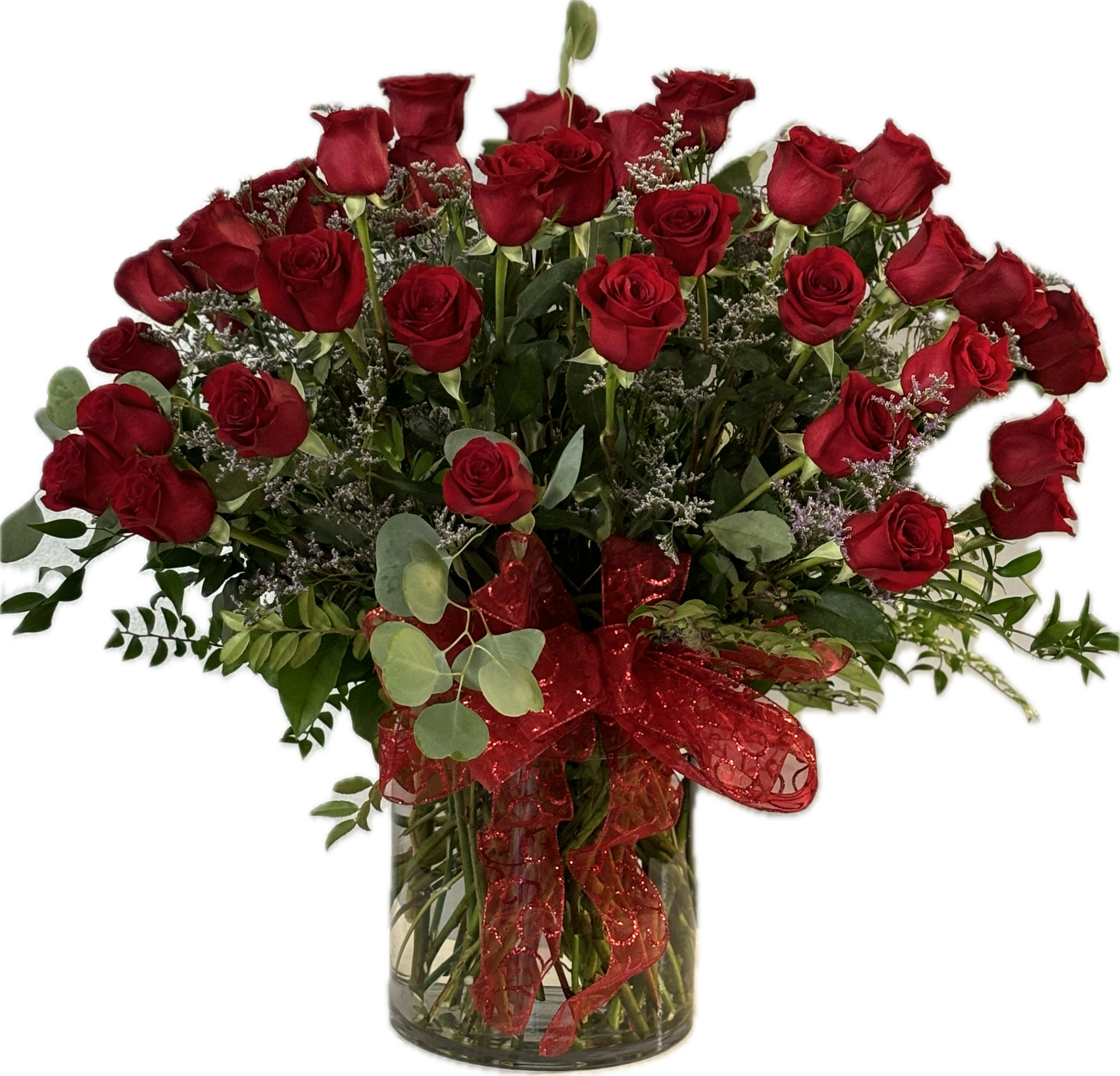 Ultimate Love Ultimate Love - 5 dozen long stem red roses on extra large glass cylinder