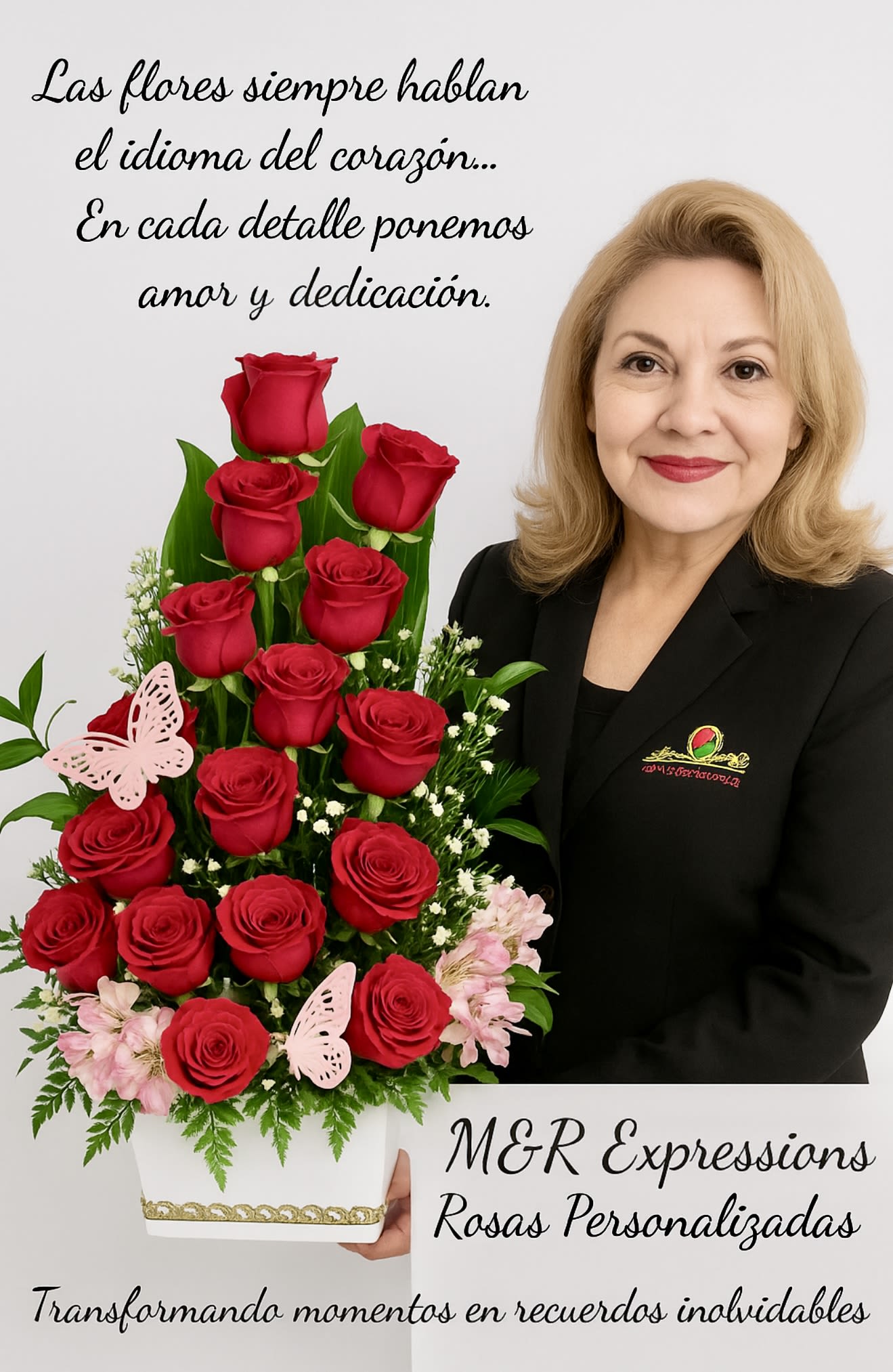 Sentimientos de mi para Ti ..M&amp;R Exp. Rosas Personalizadas - Arreglo Floral elegante con rosas rojas sobre base alta.