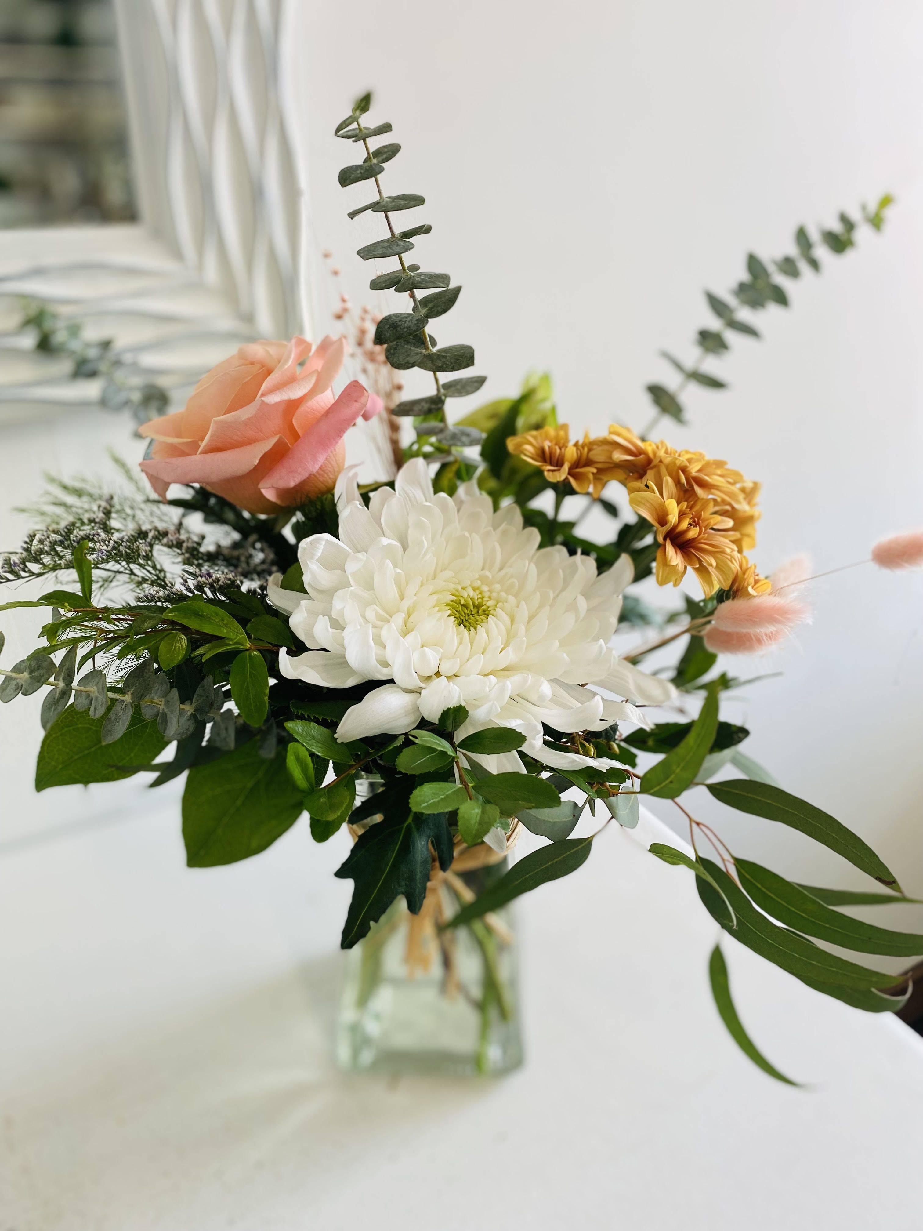 Modern Budvase  - Beautiful peachy rose with modern green ball and alstromeria arranged in a bud vase