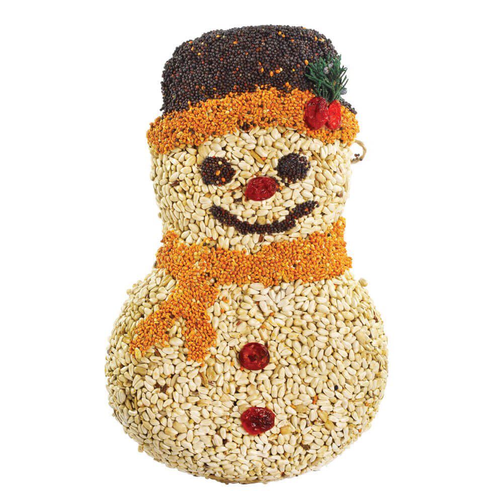 Mr. Bird Frosty Snowman Mr. Bird Frosty Snowman - Frosty is a solid snowman made of safflower seed and sunflower hearts. He is decorated with more premium seed and CHERRIES. He is 100% edible! Jute hanger and net included.
