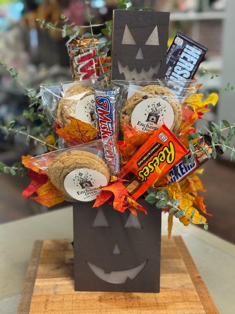 Treats no tricks - Candy and cookie arrangement in light up container with light up pick! Fun for delivery to office or school or really anywhere
