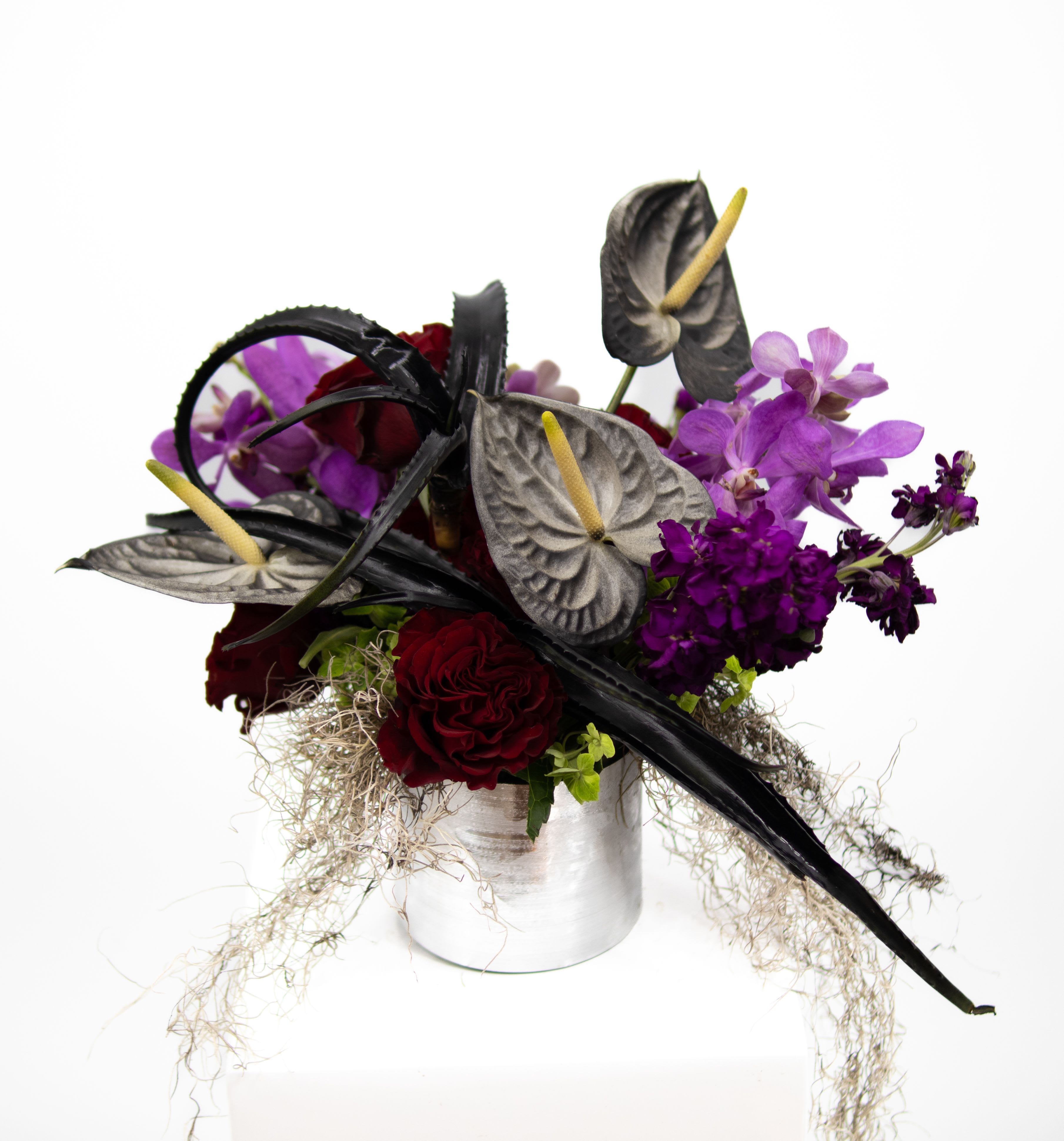 Morticia Morticia - A hauntingly beautiful arrangement of vibrant Anthuriums, striking purple orchids, eerie succulents, and mossy garden roses, all woven together with delicate spider webbing for a spooky yet sophisticated vibe