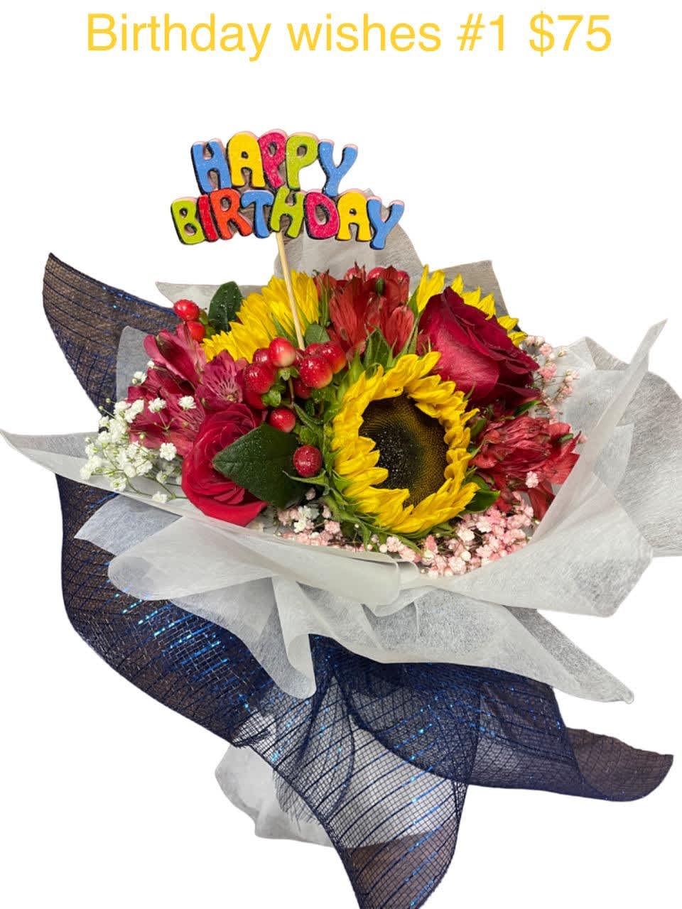 Birthday Wishes 028 Birthday Wishes 028 - In some instances, our photo may represent an overall theme or look and include a one-of-a-kind vase which cannot be exactly replicated. Although the actual bouquet may not precisely match the photo, its temperament will. Occasionally, substitutions of flowers and/or containers happen due to weather, seasonality and market conditions which may affect availability. If this is the case with the gift you’ve selected, we will ensure that the style, theme and color scheme of your arrangement is preserved and will only substitute items of equal value or higher value. If any design elements are of major importance to your order, please include them in the florist instructions at checkout or contact us to ensure availability. Flower Care & Guarantee Policy We guarantee the freshness of our flowers for 24 hours from the time they leave our shop. Please note that because flowers are natural products, some blooms may open fully while others may not. This is a natural variation. To help your flowers last longer: For cut flowers: Trim the stems by 1 inch every 2–3 days and place them in fresh water. For arrangements in wet foam: Add 1 cup of water to the foam every couple of days to keep the flowers hydrated. After 24 hours from leaving the shop, it becomes the customer’s responsibility to care for the flowers properly. Thank you for your understanding and for choosing our shop!