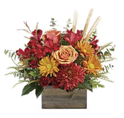 Fields Of Fall Bouquet Fields Of Fall Bouquet - Celebrate the harvest season with the hearth-inspired hues of this lush autumnal bouquet, hand-arranged in a seasonal container. ***Container Varies***