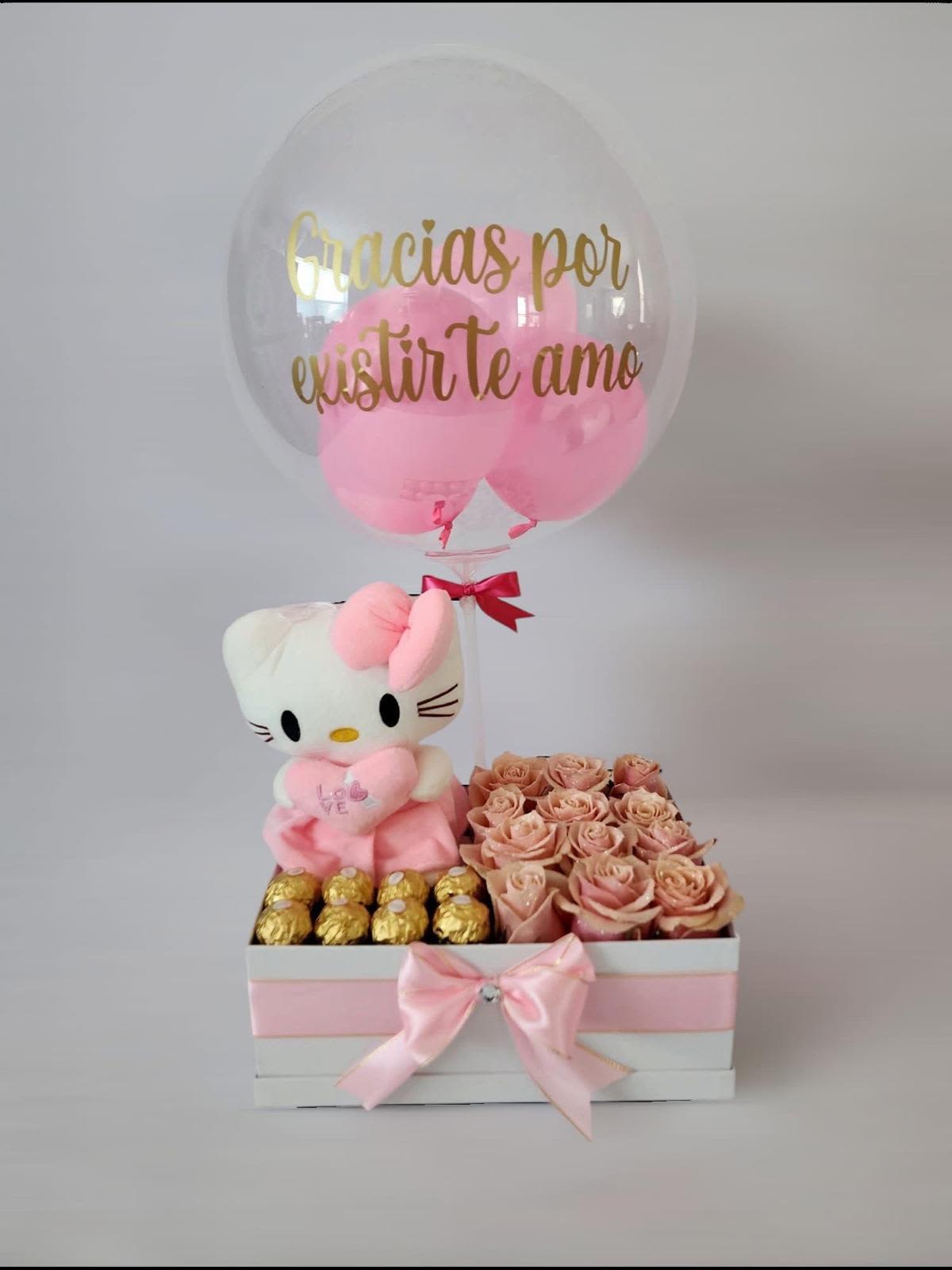 Cajita hello kitty - Caja elaborada con ferreros, rosas rosadas, mini hello kitty, y un globo