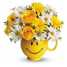 Yellow roses, white daises in a smile face mug Yellow roses, white daises in a smile face mug - This arrangement will make anyone happy!