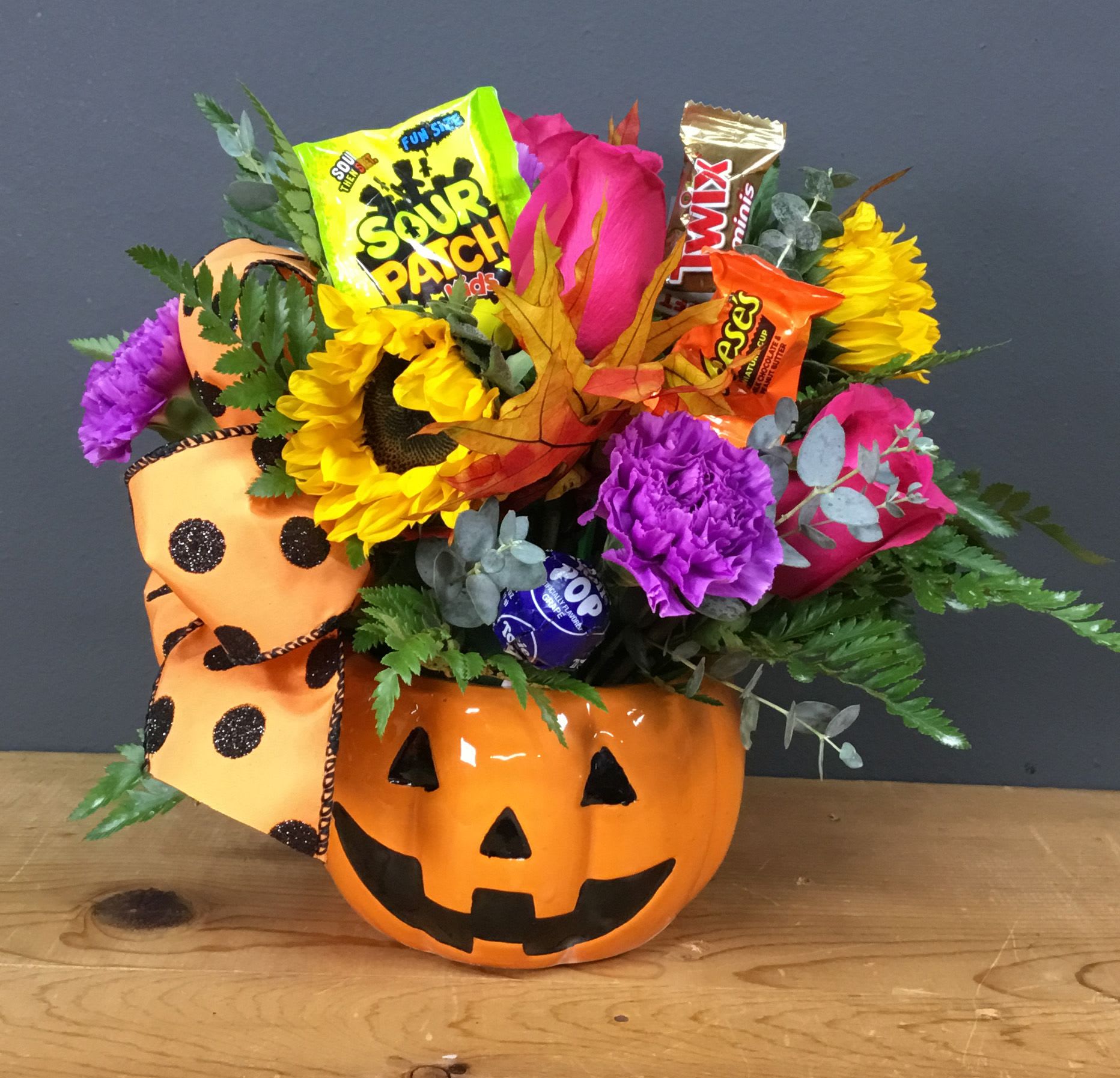 Flowers & Candy Jack Flowers & Candy Jack - Fresh flowers and assorted candy in a cute reuseable ceramic jack-o-lantern