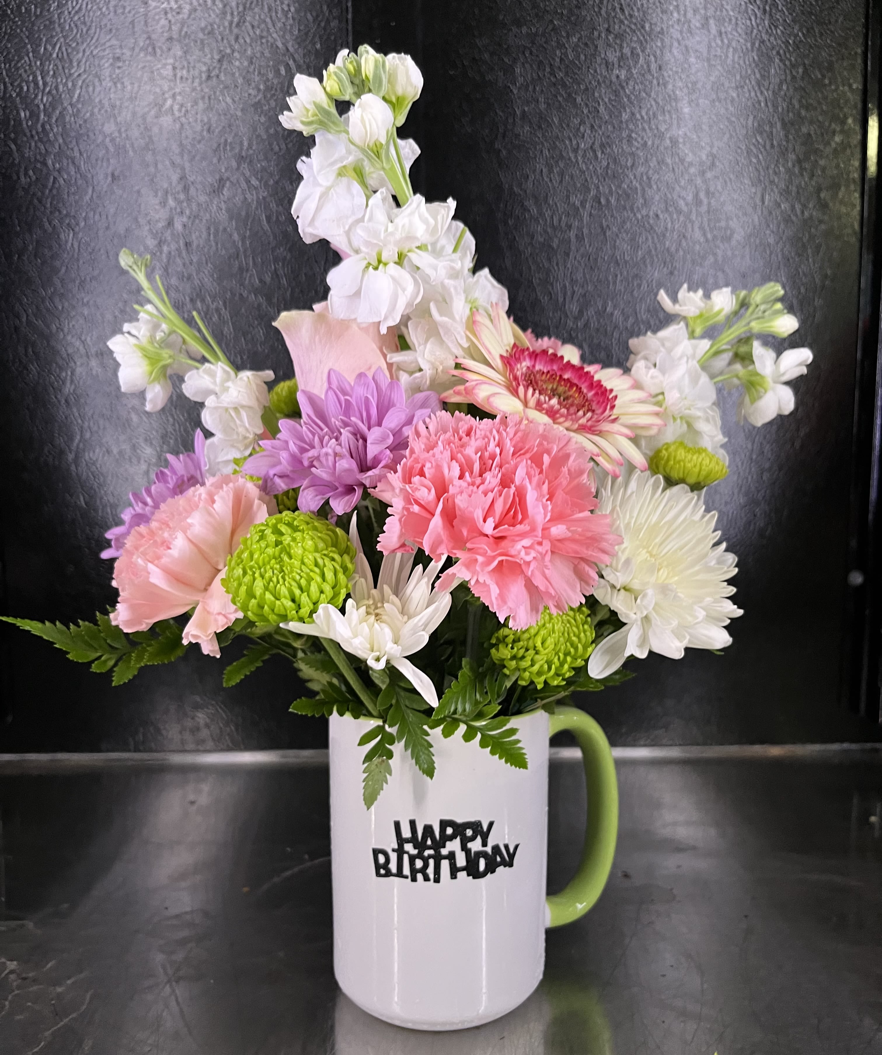 Happy Birthday MUG  - Fresh flowers in coffee mug 