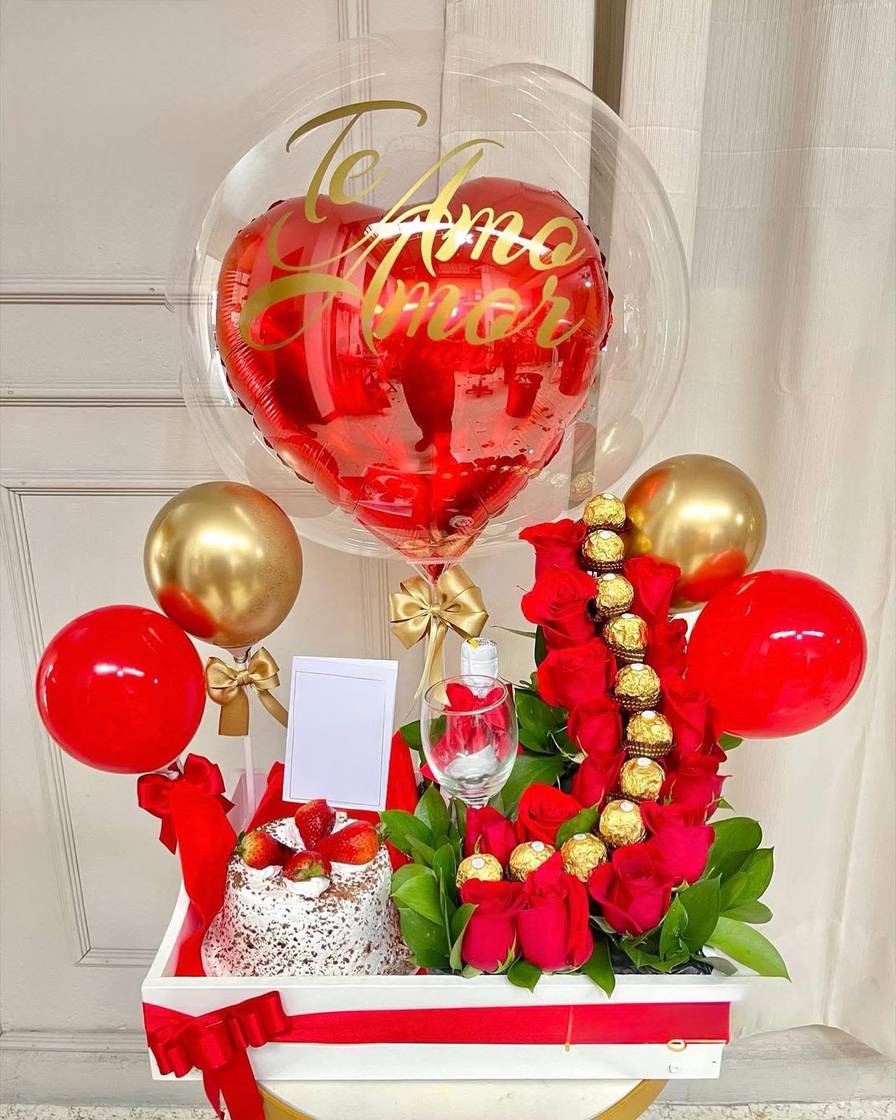 desayuno para celebrar - globo rosas chocolates mini torta champaña apartar con 48 horas anticipacion