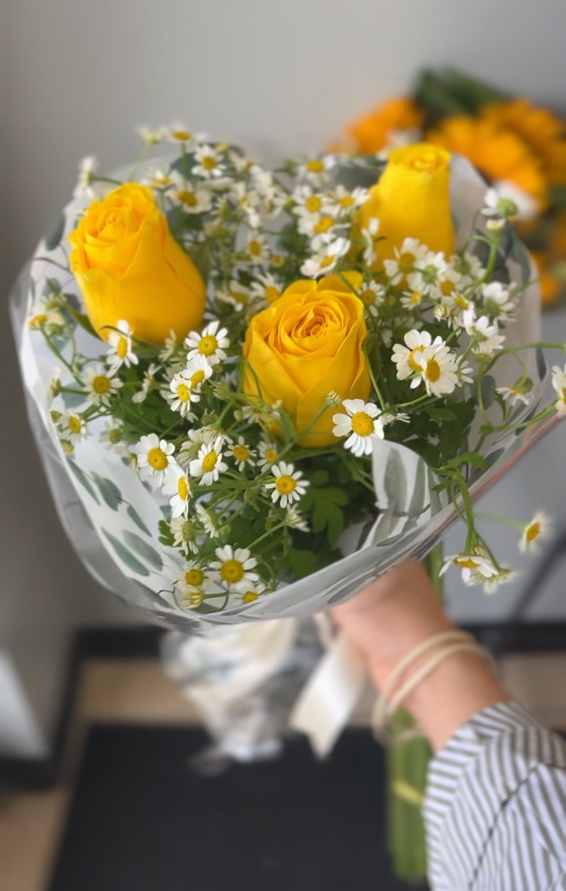 bundle of joy - 3 yellow roses with fragrant chamomile stems 