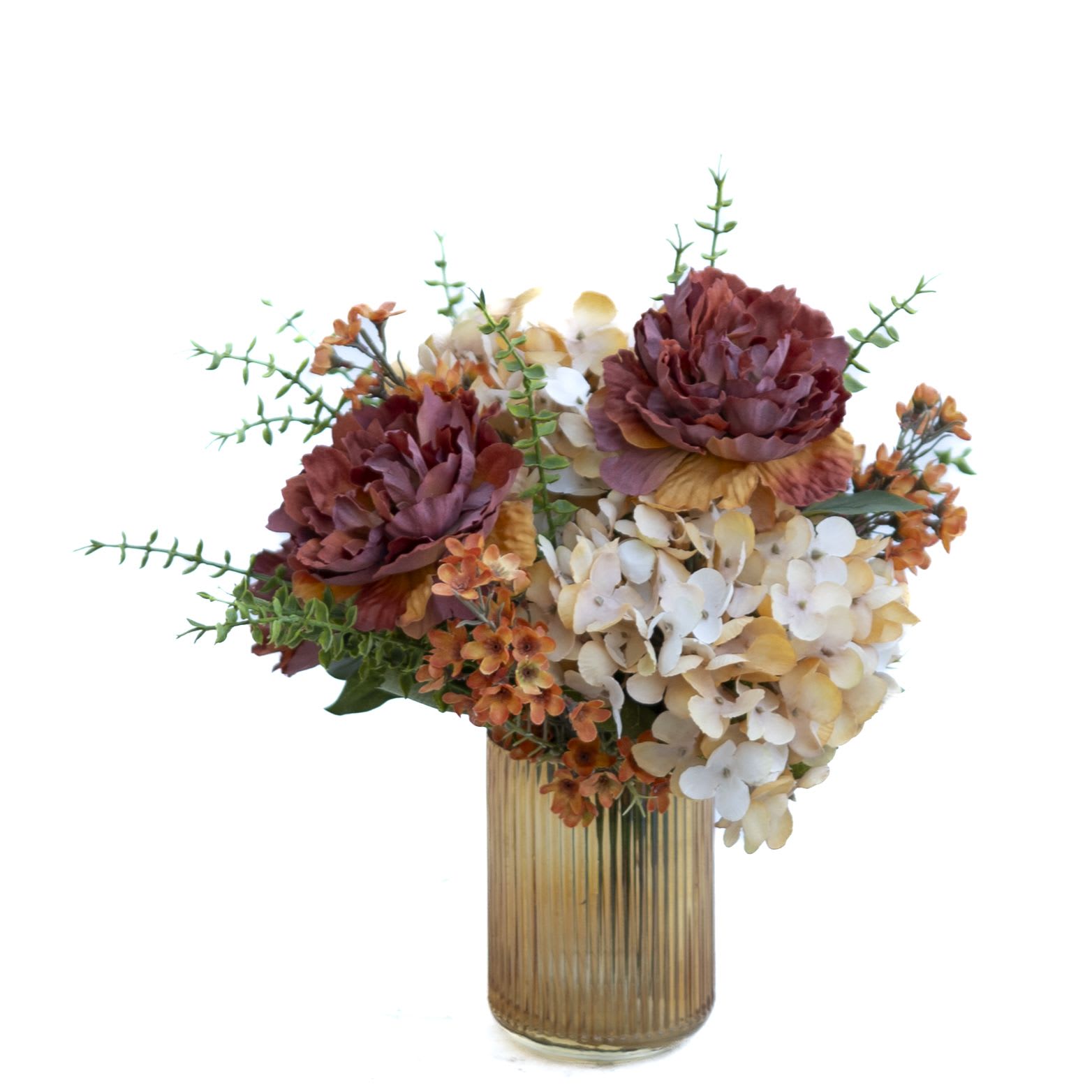 Fall Hydrangea and Roses (artificial) Fall Hydrangea and Roses (artificial) - A perfect accent of fall flower combination of hydrangea and roses arranged in a lovely autumn container. This arrangement would make a perfect accent for just about anywhere that a little festive fall is needed.