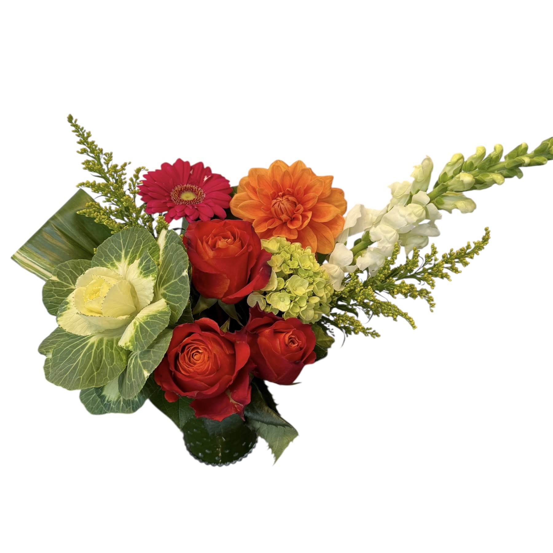 Autumn Glow Autumn Glow - Orange rose, orange dahlia, white snapdragon, green hydrangea, kale, and hot pink gerbera daisy designed in a glass vase. As shown in photo.