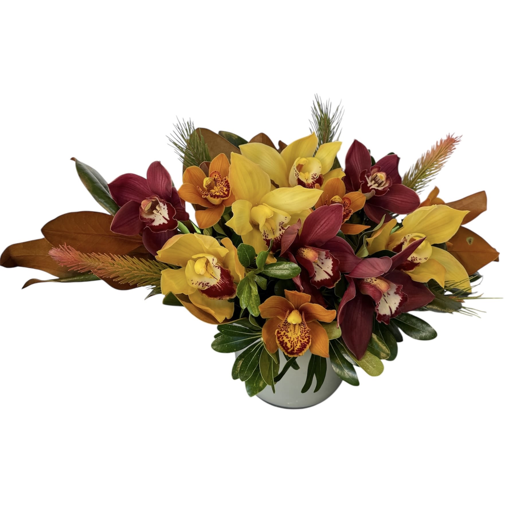 Wild Orchid Wild Orchid - Mix of red, yellow and orange cymbidium orchids and special greens in a glass vase. As shown in photo.