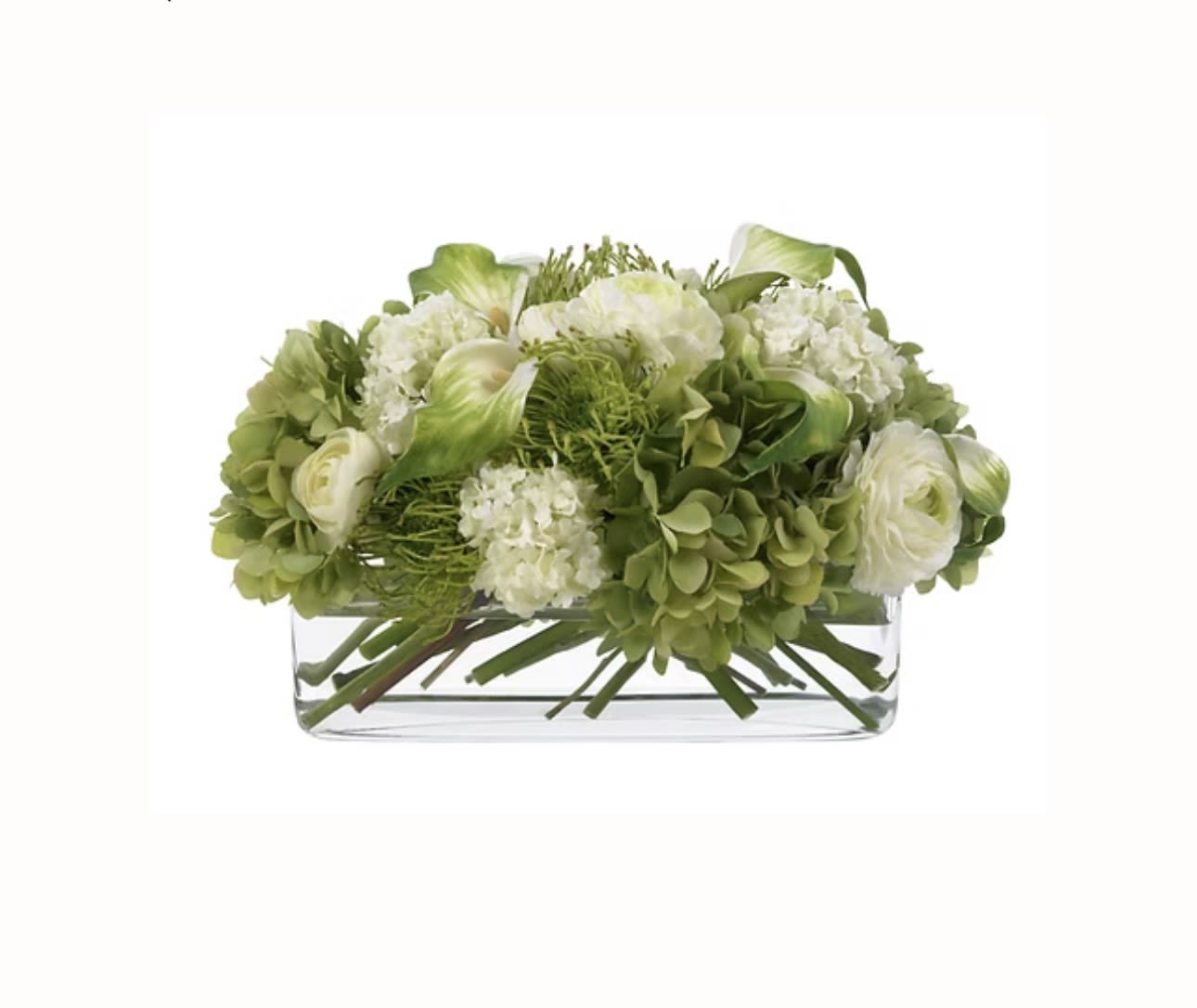GREEN LOW PAVE GREEN LOW PAVE - It is a completely different arrangement from the traditional one accompanied by green antique hydrangeas with a touch of green protea with green calla Lili with white ranunculus
