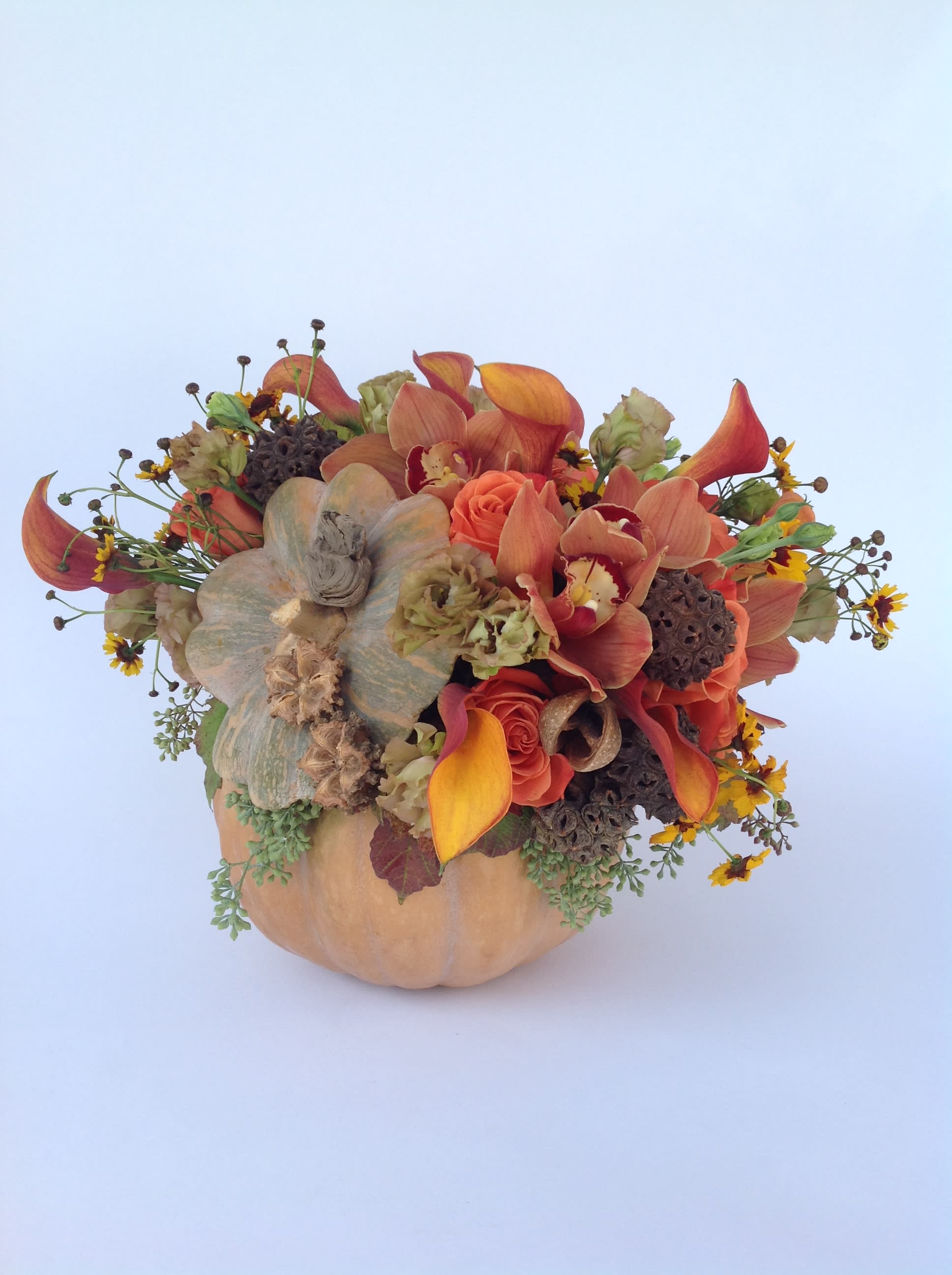 Pumpkin Spice - Roses, Cymbidium Orchids, Calla Lilies, Lisianthus, Daisies