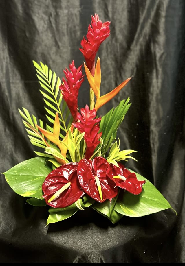 MEDIUM TROPICAL ARRANGEMENT - RED or PINK GINGERS, Obake &amp; Red ANTHURIUMS, SONG OF INDIA, ARECA PALM-** LOCAL DELIVERY AVAILABLE (Flowers subject to change based on availability.)