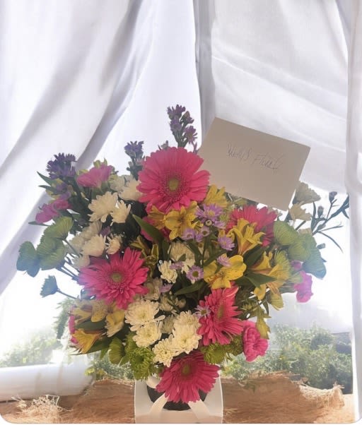 Radiant Joy by Shelly - Premium Floral Arrangement  Bring sunshine, color, and life into any space with this vibrant hand-crafted design featuring bold gerbera daisies, cheerful alstroemeria, delicate asters, and lush seasonal blooms. Bursting with personality and grace, this arrangement captures the joy of celebration and the warmth of thoughtful giving. Perfect for brightening someone’s day or marking life’s special moments.  Each design is created with care using the freshest available blooms. Colors and flowers may vary slightly based on seasonal availability, but the overall look and fullness remain beautifully abundant.