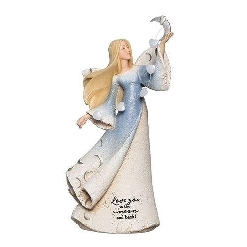 Angell- Heavenly Blessings - MOON AND BACK ANGEL Angell- Heavenly Blessings - MOON AND BACK ANGEL - LOVE YOU TO THE MOON AND BACK 9.75"H 3.74"W 4.92"L Material: Polyresin