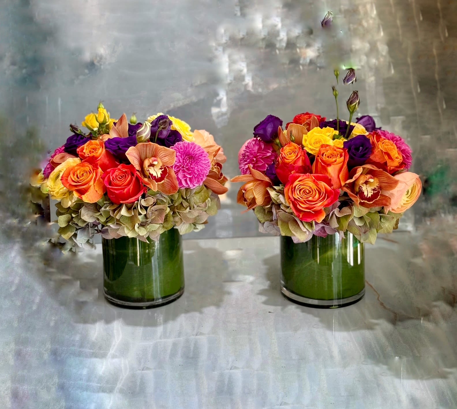 Twin Twin - Premium Roses, Hydrangea, Lisianthus, Dahlias, Cymbidium Orchid in glass vase. (If you like in different colors, please let us know at Special Instructions)